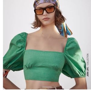 Zara Green Cotton Puff Sleeve Crop Top